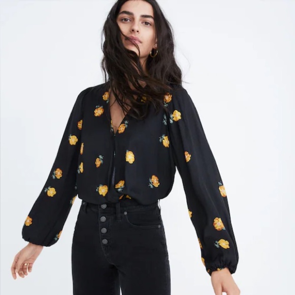 Madewell Black Blouse with Yellow Floral Design Size XS